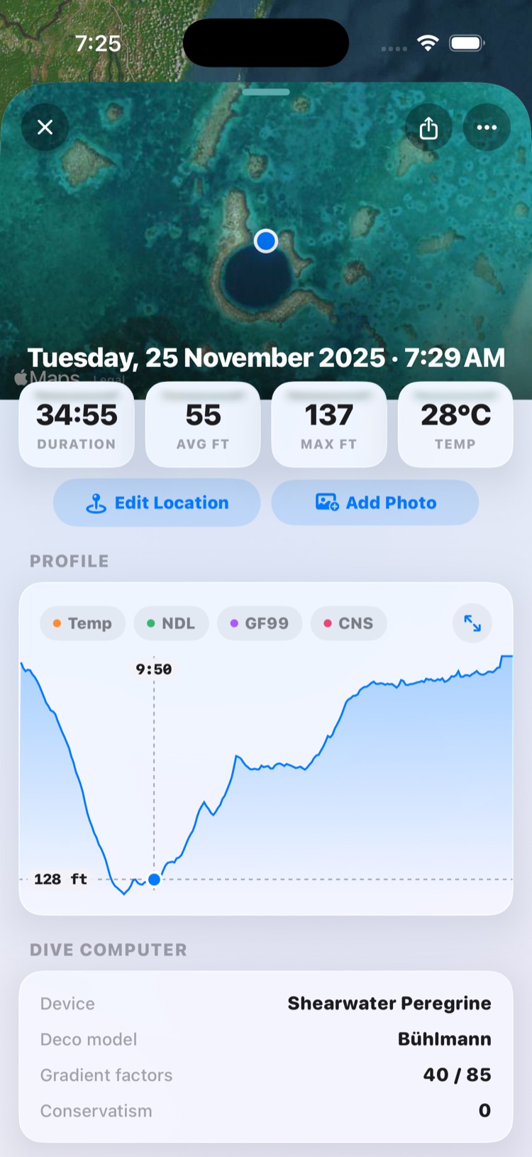 A dive at the Great Blue Hole with its depth profile chart