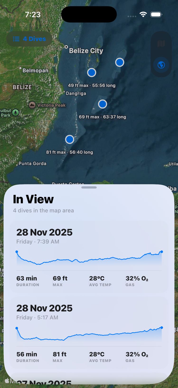 Map of dives across the Belize barrier reef with an in-view dive list